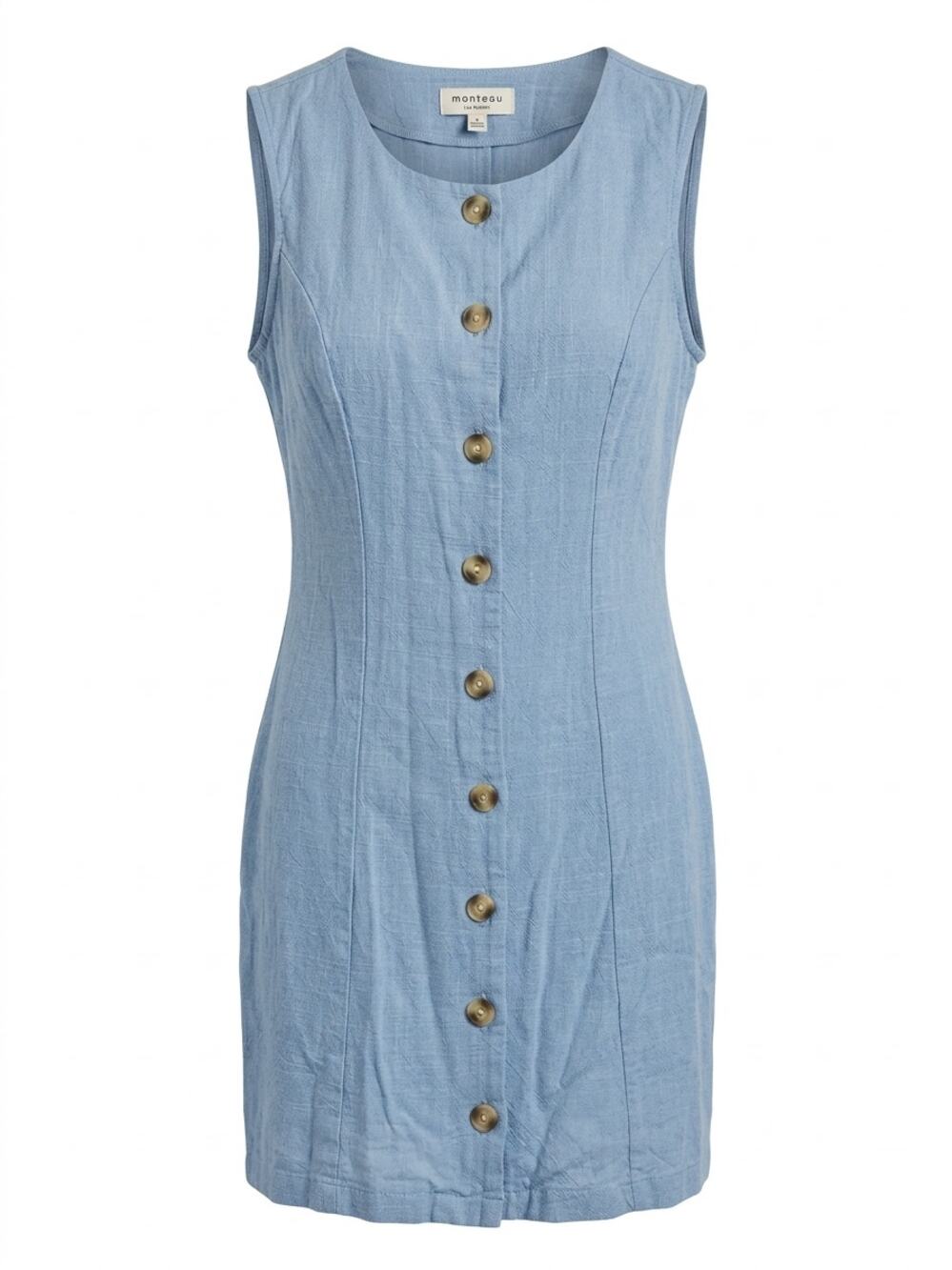 Monteau Los Angeles Button Front Shift Dress Linen Blend Sleeveless Blue